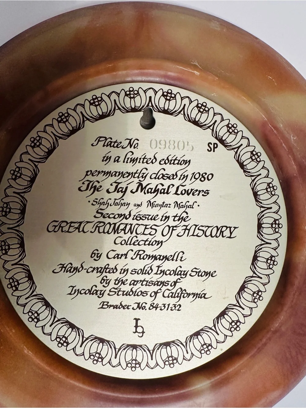 Vintage 1980 Incolay Stone Taj Mahal Lovers Carl Romanelli 10” Collector Plate